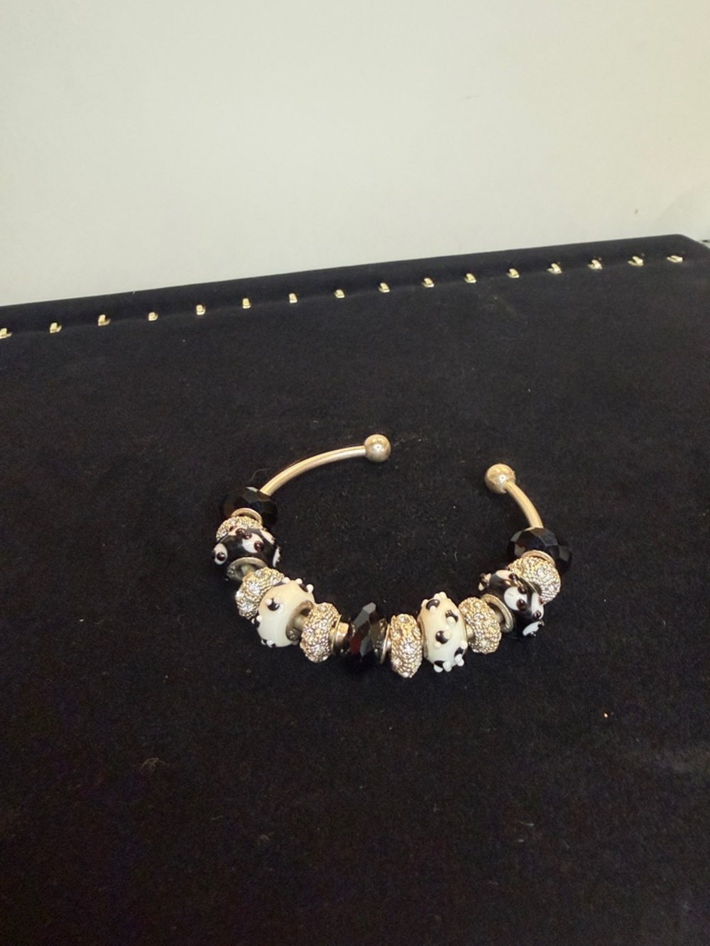 Elegant Black & White Bead Charm Bangle Bracelet